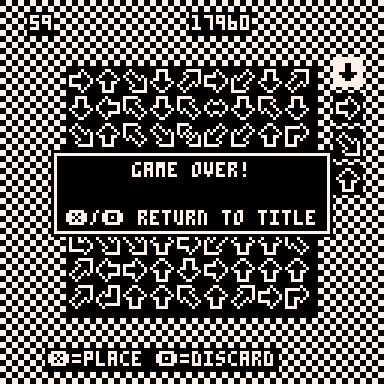 The board is full and a box on top of it says "Game over! x/o Return to title". The top shows this is level 59 and we have scored 17960 points.