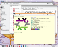 KDE Plasma linuxversary A similar stack of open windows in a much more customized setup. The Konsole window now has the same Bedstead font and is light-mode, with the sixteen standard colors darkened to contrast with the default light background. The headers of all the windows now have titles in bold face on an orange (when active) or gray (when inactive) bar, with the buttons indicated with a kind of pixel-art 3D effect. Within that, different sections of the header are segmented. The Dolphin window has two tabs, which are nicely distinguished by lightness. The desktop has some kind of full-screen painterly image in purples and browns, and the accent color is pink.