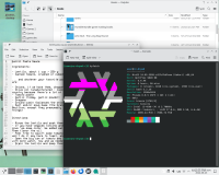 KDE Plasma mostly-default A few open windows in a fairly default KDE Plasma setup. On top is a dark-mode Konsole window with output from hyfetch (a neofetch fork with pride flags) showing system information in a default dark-mode palette with an aro-ace-colored NixOS logo; next is KWrite, a text editor, displaying a lentil pasta sauce recipe in Bedstead, an aesthetically-pleasing monospace font, and finally there's a Dolphin file browser window showing various subfolders of a Books folder. All windows have light gray headers with a lot of blank space. The desktop is mostly turquoise and cerulean.
